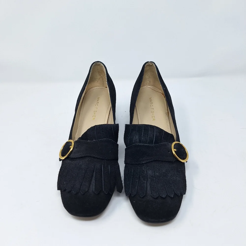 Marc Fisher Mabel Black Suede Loafers with Gold Buckle